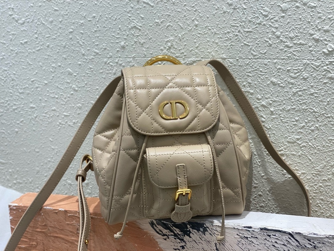 Small Dior Caro Backpack Powder Beige Macrocannage Lambskin